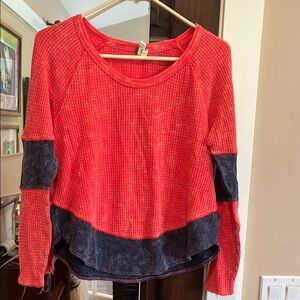 Free People Red and Blue Color Block Ribbed Hoodie